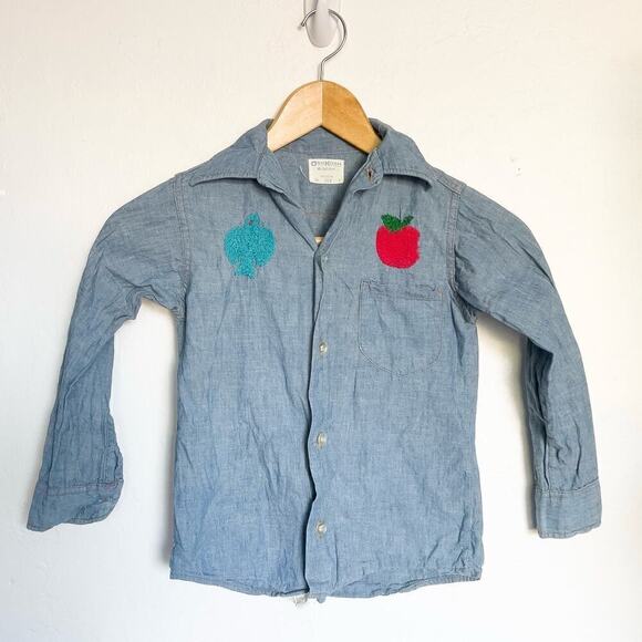 Vintage OshKosh B'Gosh Chambray Denim Button Shirt Embroidered Kids 5 Retro - Picture 2 of 7